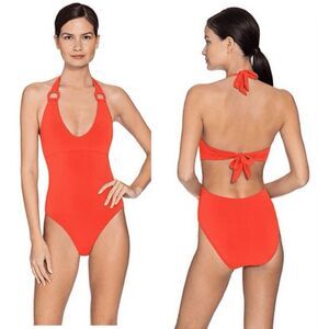 Robin Piccone Ava Plunge Neck Tie-Front One Piece Swimsuit in Sun Rise Size 6